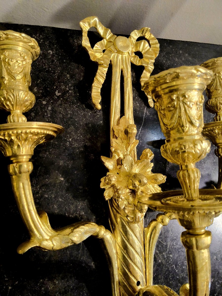Pair Of Gilded Bronze Wall Sconces With Three Lights, Cornucopia Design, Louis XVI Style, 19th Century -photo-3