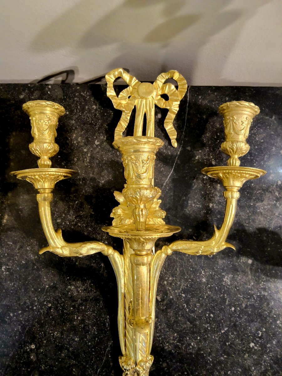 Pair Of Gilded Bronze Wall Sconces With Three Lights, Cornucopia Design, Louis XVI Style, 19th Century -photo-1