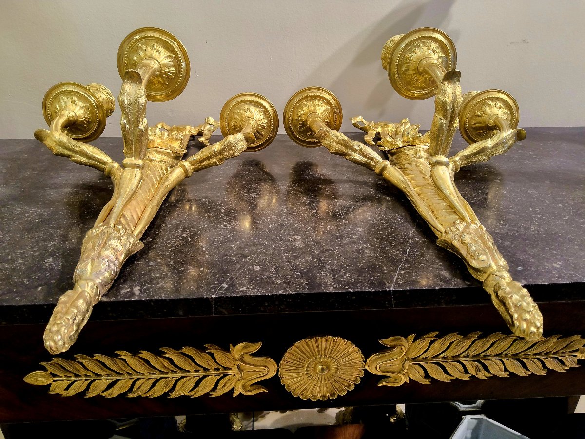 Pair Of Gilded Bronze Wall Sconces With Three Lights, Cornucopia Design, Louis XVI Style, 19th Century -photo-3