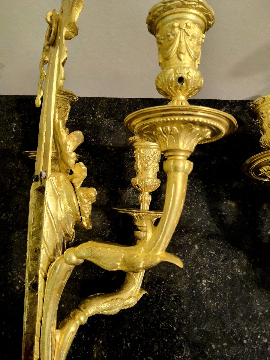 Pair Of Gilded Bronze Wall Sconces With Three Lights, Cornucopia Design, Louis XVI Style, 19th Century -photo-5