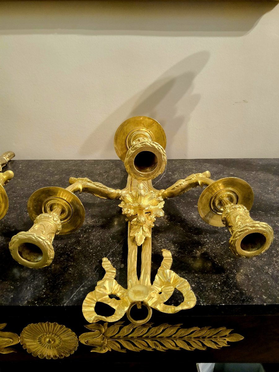 Pair Of Gilded Bronze Wall Sconces With Three Lights, Cornucopia Design, Louis XVI Style, 19th Century -photo-6