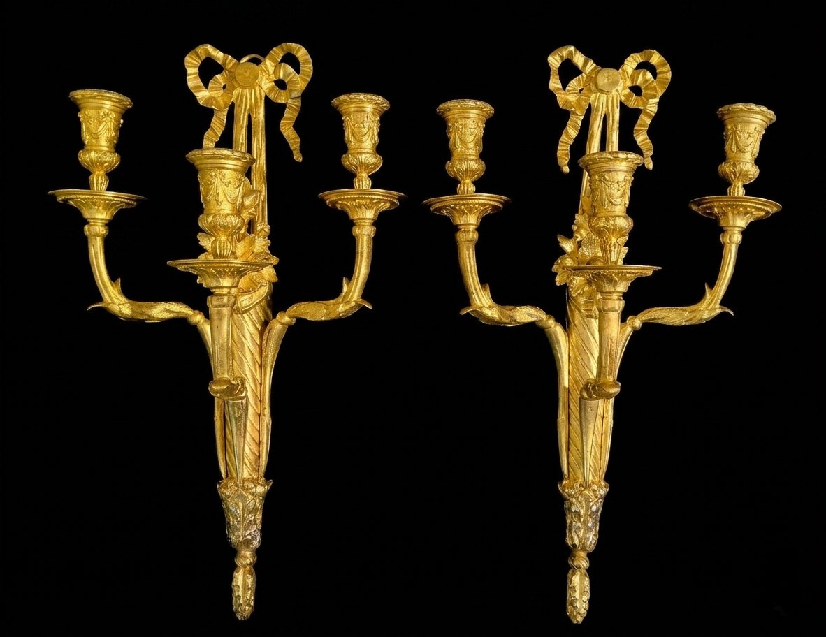 Pair Of Gilded Bronze Wall Sconces With Three Lights, Cornucopia Design, Louis XVI Style, 19th Century 