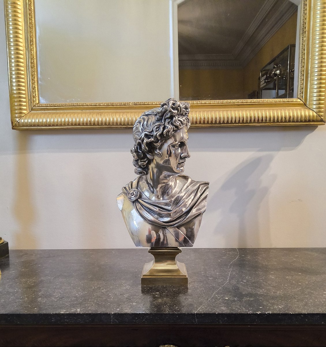 Buste d'Apollon du Belvédère en Bronze argenté Editeur L.Oudry XIXéme siécle -photo-2
