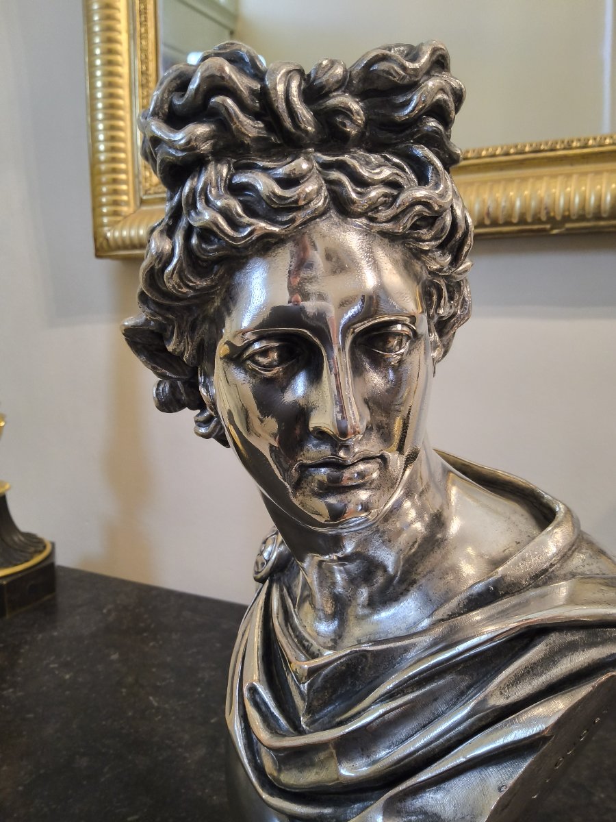Buste d'Apollon du Belvédère en Bronze argenté Editeur L.Oudry XIXéme siécle -photo-4