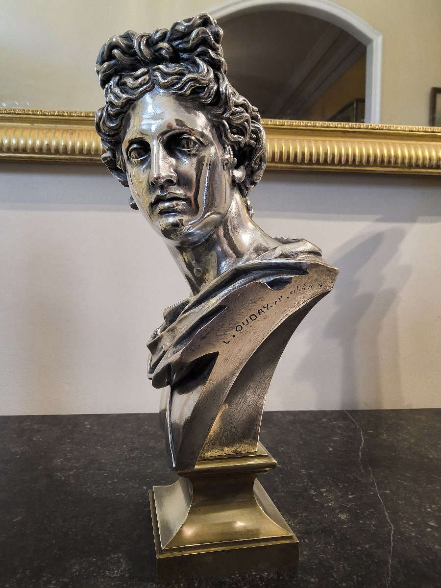Buste d'Apollon du Belvédère en Bronze argenté Editeur L.Oudry XIXéme siécle -photo-1