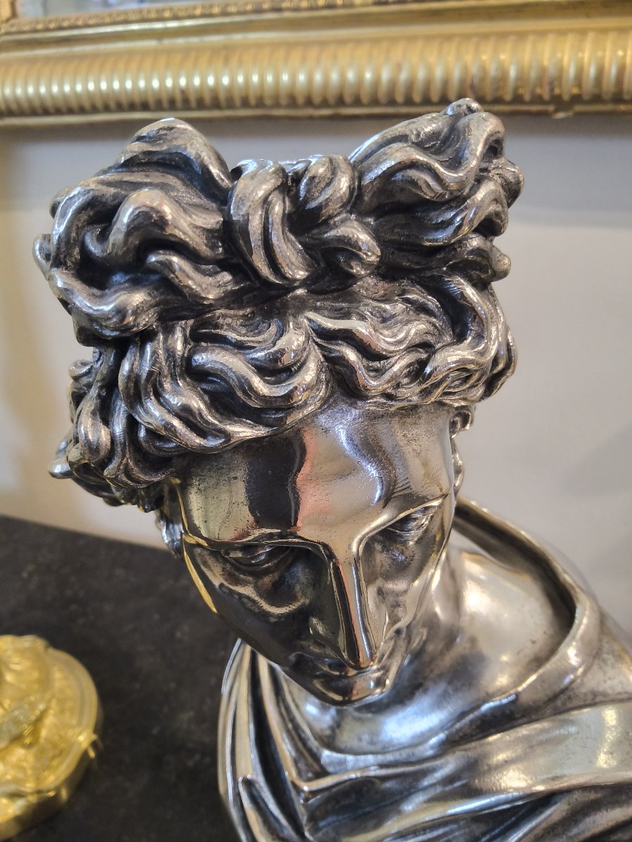 Buste d'Apollon du Belvédère en Bronze argenté Editeur L.Oudry XIXéme siécle -photo-3