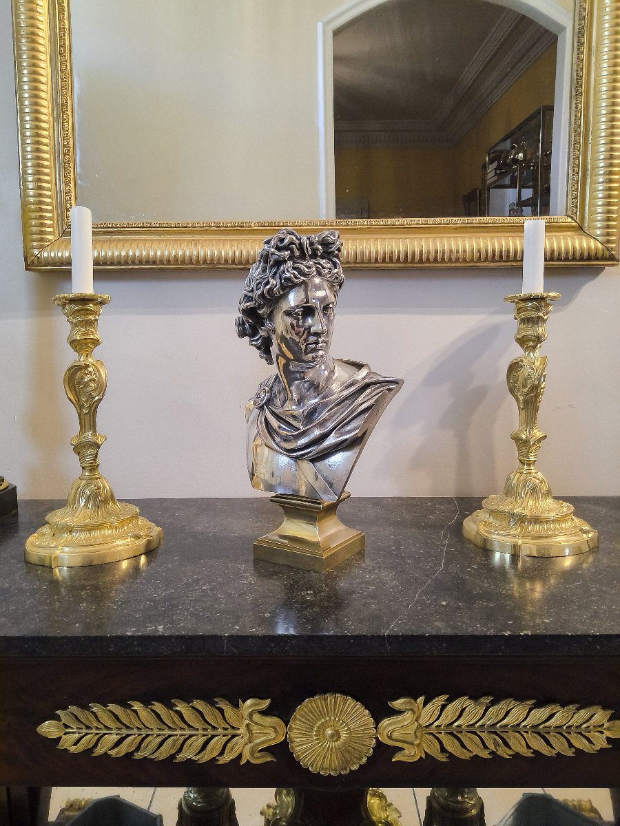 Buste d'Apollon du Belvédère en Bronze argenté Editeur L.Oudry XIXéme siécle -photo-4