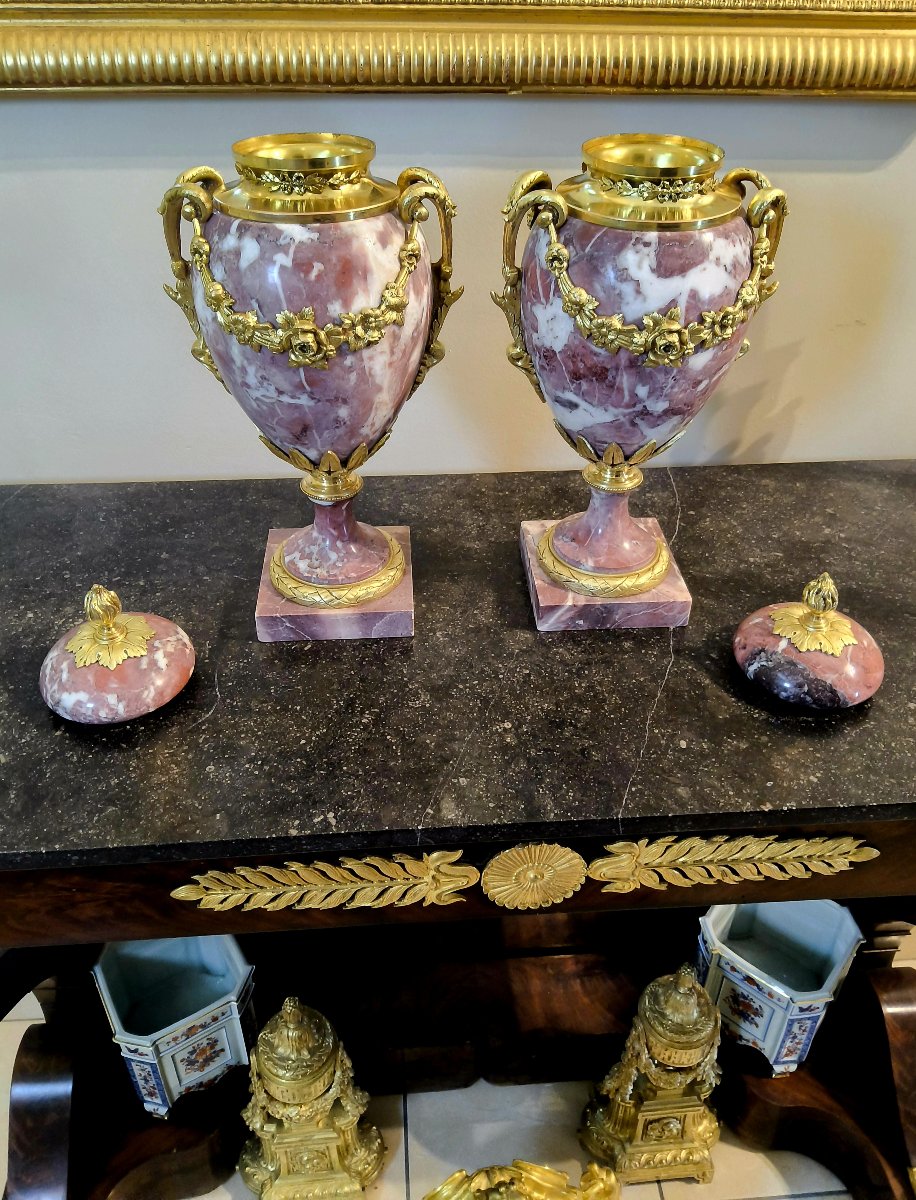 Paire de Vases Cassolettes en Marbre Violet et Bronzes dorés Style Louis XVI Fin XIXéme-photo-6