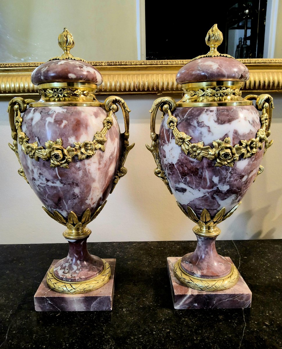 Paire de Vases Cassolettes en Marbre Violet et Bronzes dorés Style Louis XVI Fin XIXéme-photo-8