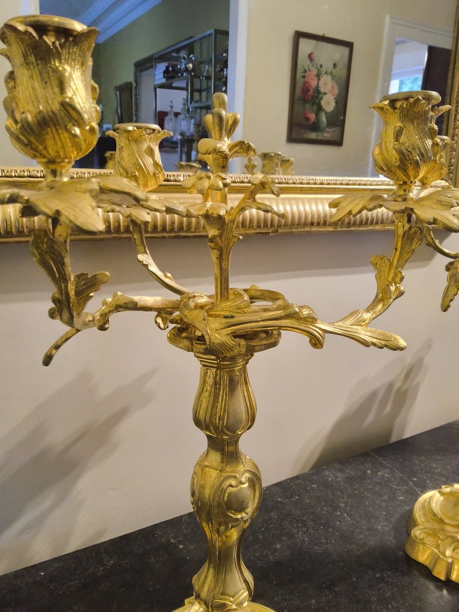 Paire de Candélabres Formant Bougeoirs en Bronze doré ciselé style Rocaille Louis XV XIXéme -photo-4