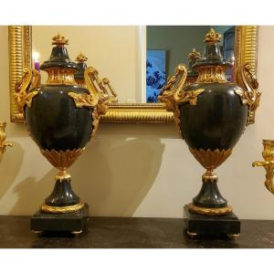 Pair Of Decorative Ornamental Vases In Antique Green Granite And Gilded Bronzes And 18th Century Style