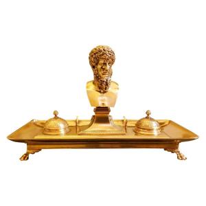 Large Inkwell "lucius Verus" In Copper-gilt Bronze Barbedienne Fondeur XIXth