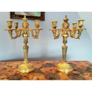 Pair Of Candelabra With Transformations In Gilt Bronzes Louis XVI Style - 19th Century