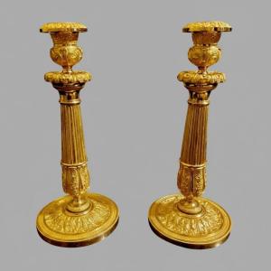 Pair Of Candlesticks In Chiseled And Gilded Bronzes, 19th Century, Circa 1820