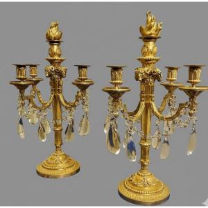 Paire De Candélabres "à La Grecque" Bronzes Dorés Et Cristaux Signé Eugéne Hazart Paris XIXéme