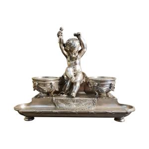 Encrier Sculpture En Bronze Argenté  "putto Aux Tambours" Marnyhac Paris XIXéme Siécle 