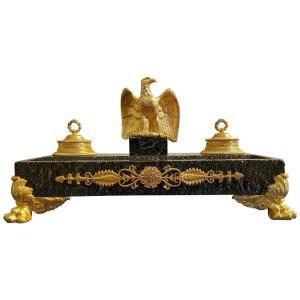 Encrier Double à l'Aigle Impérial En Bronzes Dorés Et Marbre Vert Style Empire XIX éme Siécle
