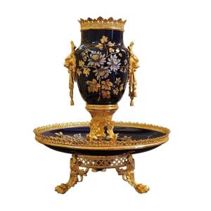Coupe en Faïence fine Bleue à décor Floral Monture de bronzes dorés Sarreguemines XIXéme 