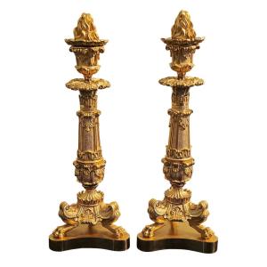 Paire de flambeaux en bronze doré d'époque Restauration, vers 1830.