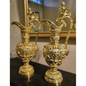 Pair Of Gilt Bronze Ewers Depicting Bacchanalian Scenes After Clodion, Late 19th Century