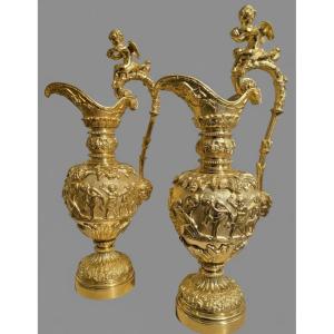 Pair Of Gilt Bronze Ewers Depicting Bacchanalian Scenes After Clodion, Late 19th Century