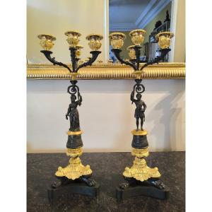 Paire de Candélabres en Bronzes double patine Époque Charles X "Renaissance" XIXe siècle.