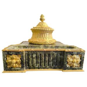 Gilded Bronze Inkwell With Cup - Green Campan Marble In The Louis XVI Style 19th Century Paris