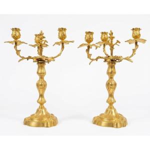 Pair Of Candelabra Serving As Candleholders, In Chiseled Gilded Bronze, Rocaille Louis XV Style, 19th Century