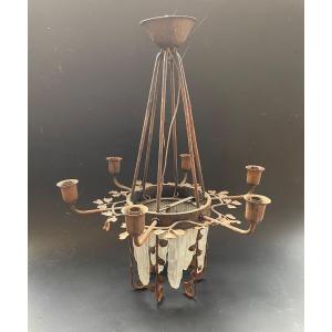 Lustre Edgar Brandt Signé  + Verrerie Lalique