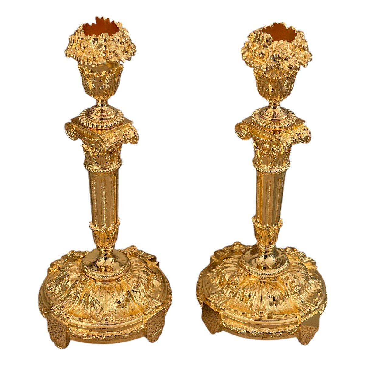 Pair Of Louis XVI Candlesticks In Gilt Bronze, Height: 21cm-photo-2