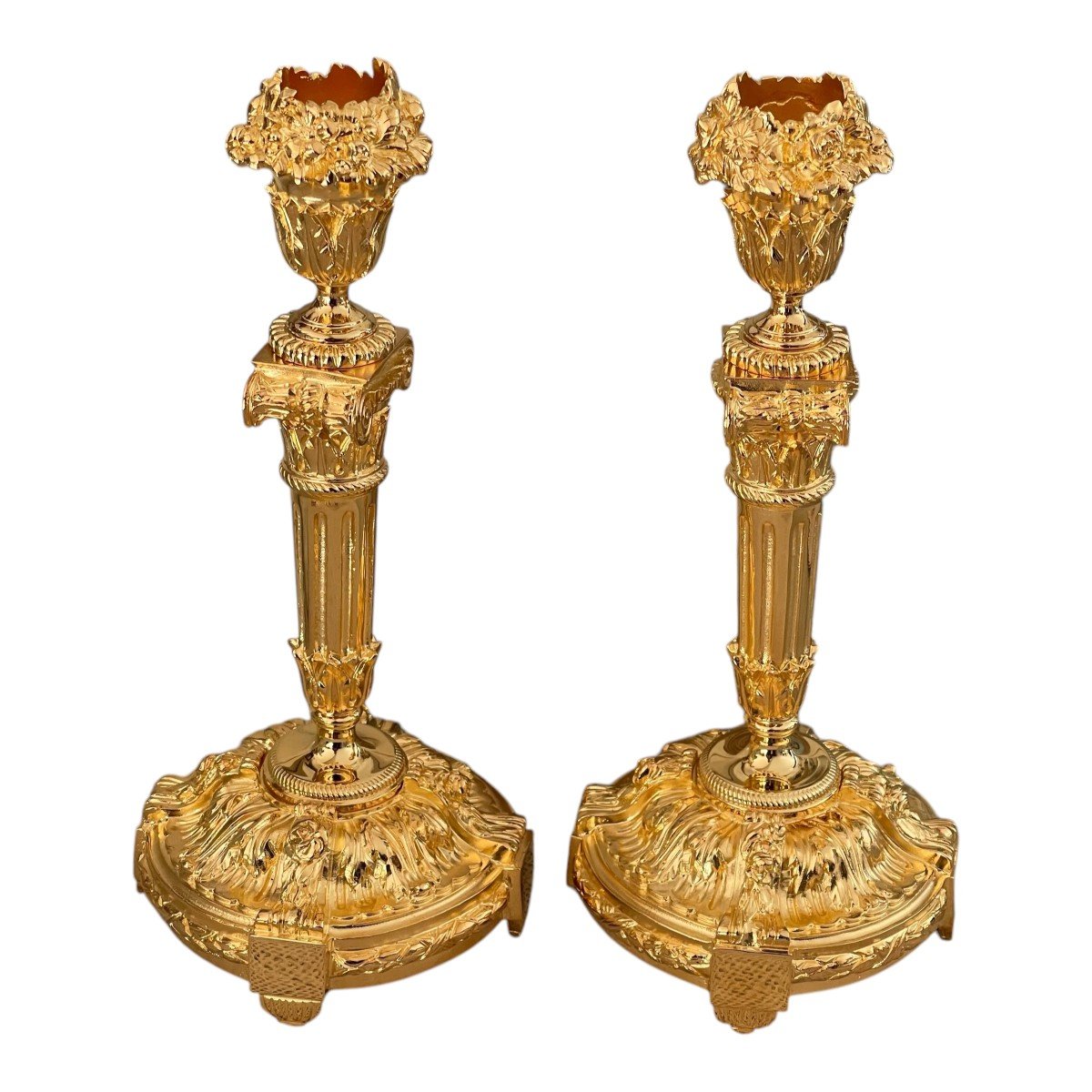 Pair Of Louis XVI Candlesticks In Gilt Bronze, Height: 21cm-photo-3