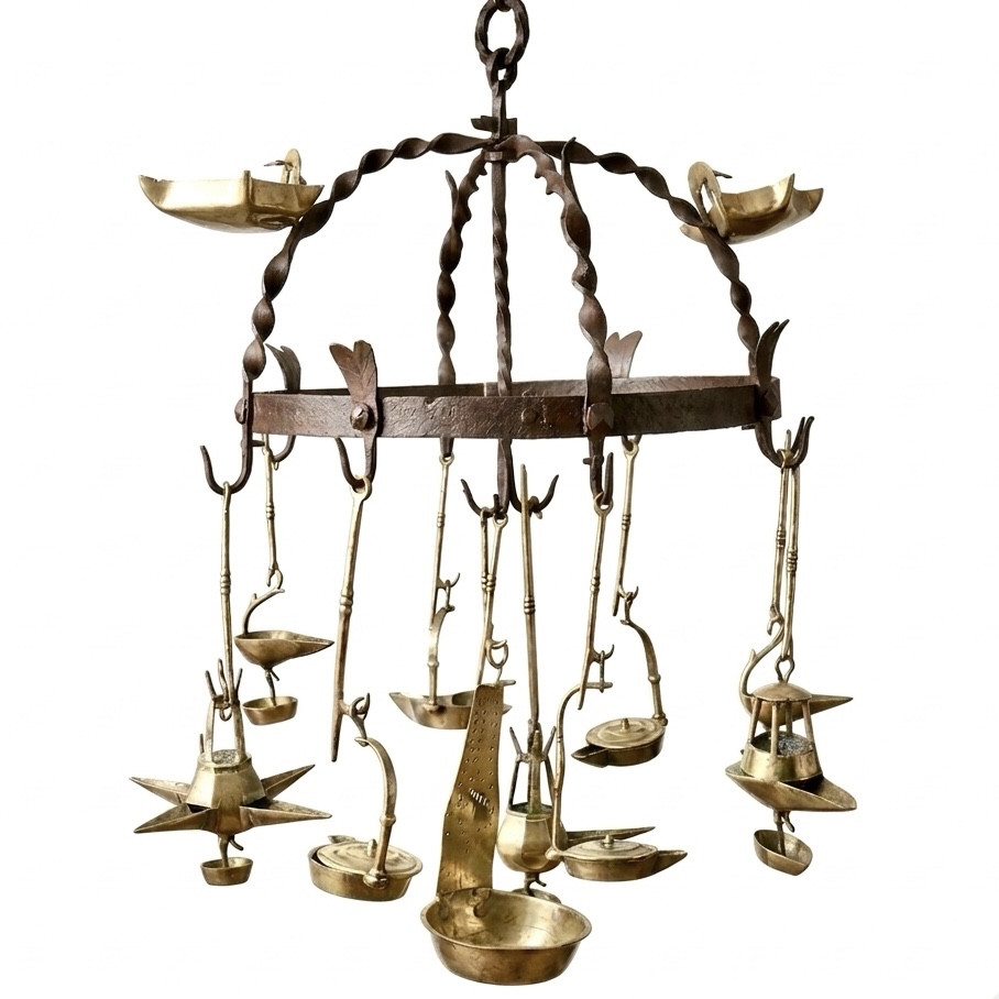 Hanging Wrought-iron Kitchen Set With Oil Lamps, Late 19th Century