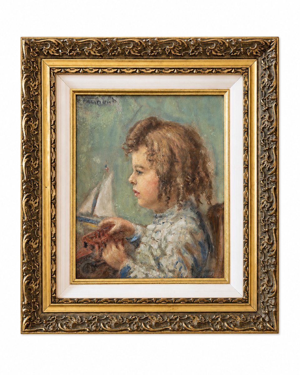 R.Fremond , Enfant au voilier , huile sur isorel, école havraise début XXème