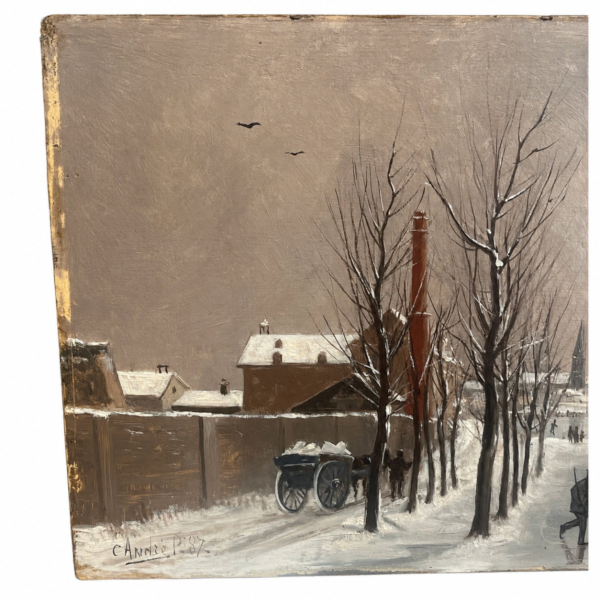 C. André—winter Scene With Skaters—oil On Wood, Dated 1887-photo-2