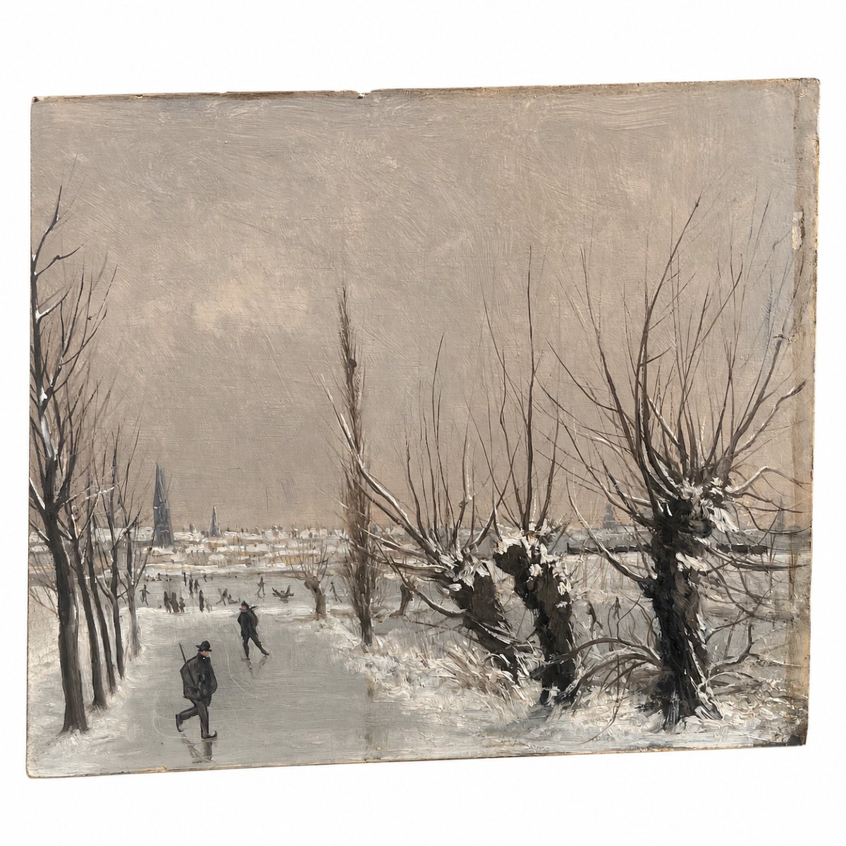 C. André—winter Scene With Skaters—oil On Wood, Dated 1887-photo-3
