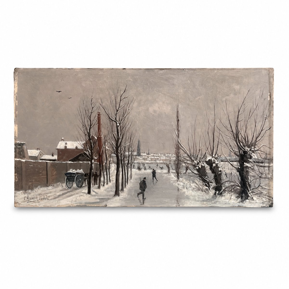 C. André—winter Scene With Skaters—oil On Wood, Dated 1887