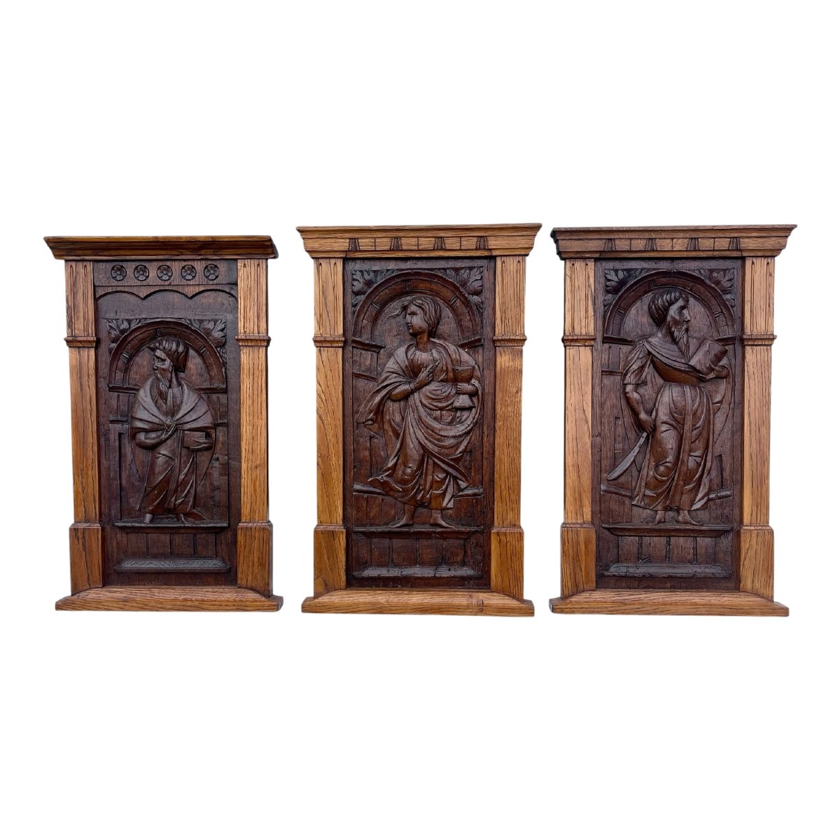 Carved Wooden Religious Panels—three Holy Apostles—19th Century