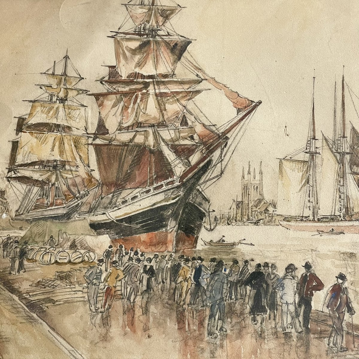 Frank Will - Le port de Fécamp aux grands voiliers - aquarelle 87 x 66 cm-photo-3