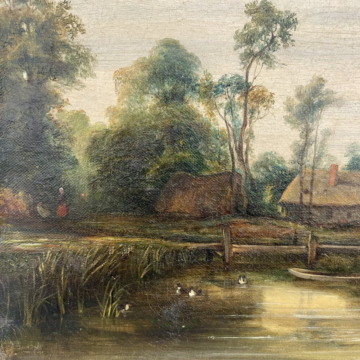 Barbizon School—lively Rural Landscape By The Pond—oil On Canvas—19th Century-photo-2