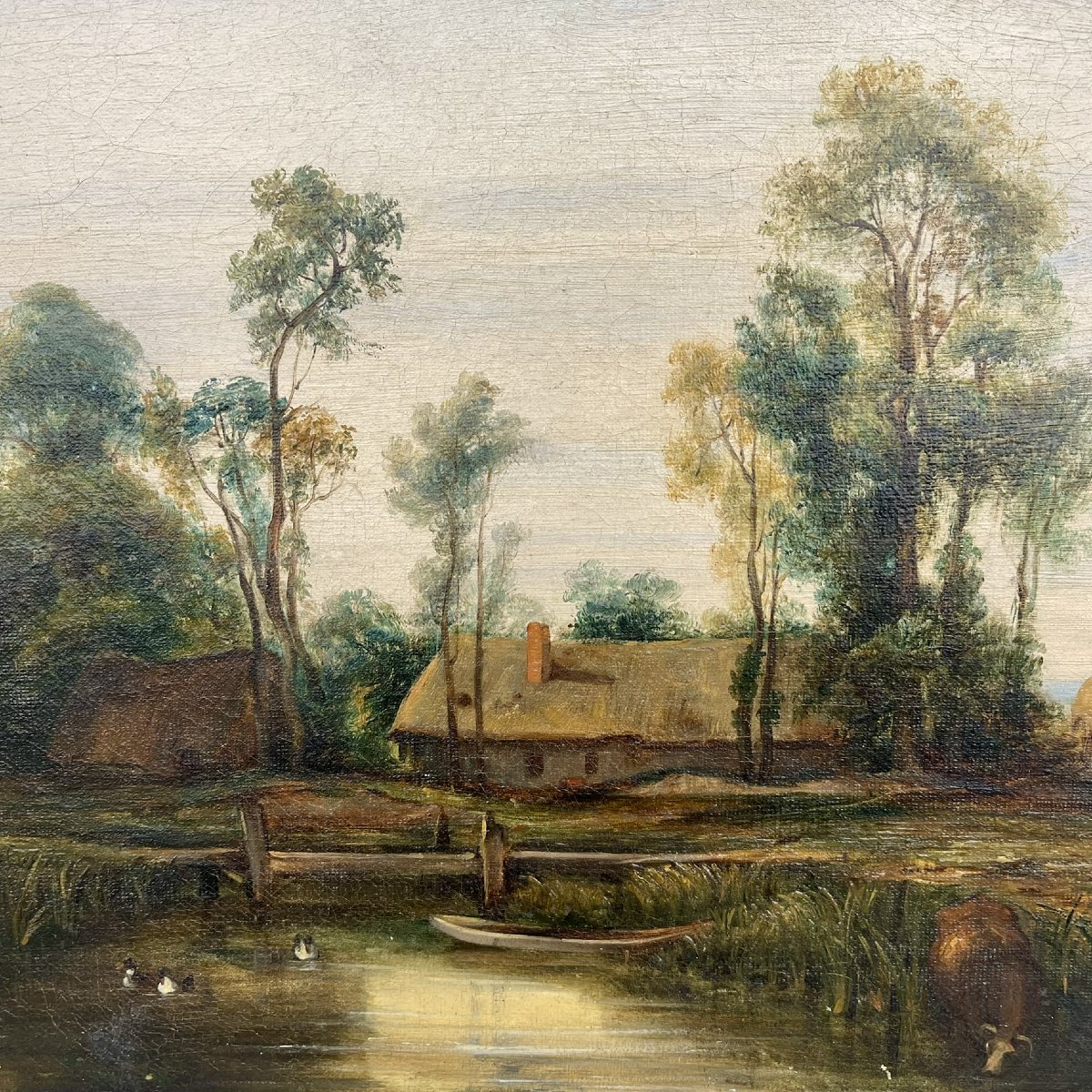 Barbizon School—lively Rural Landscape By The Pond—oil On Canvas—19th Century-photo-3