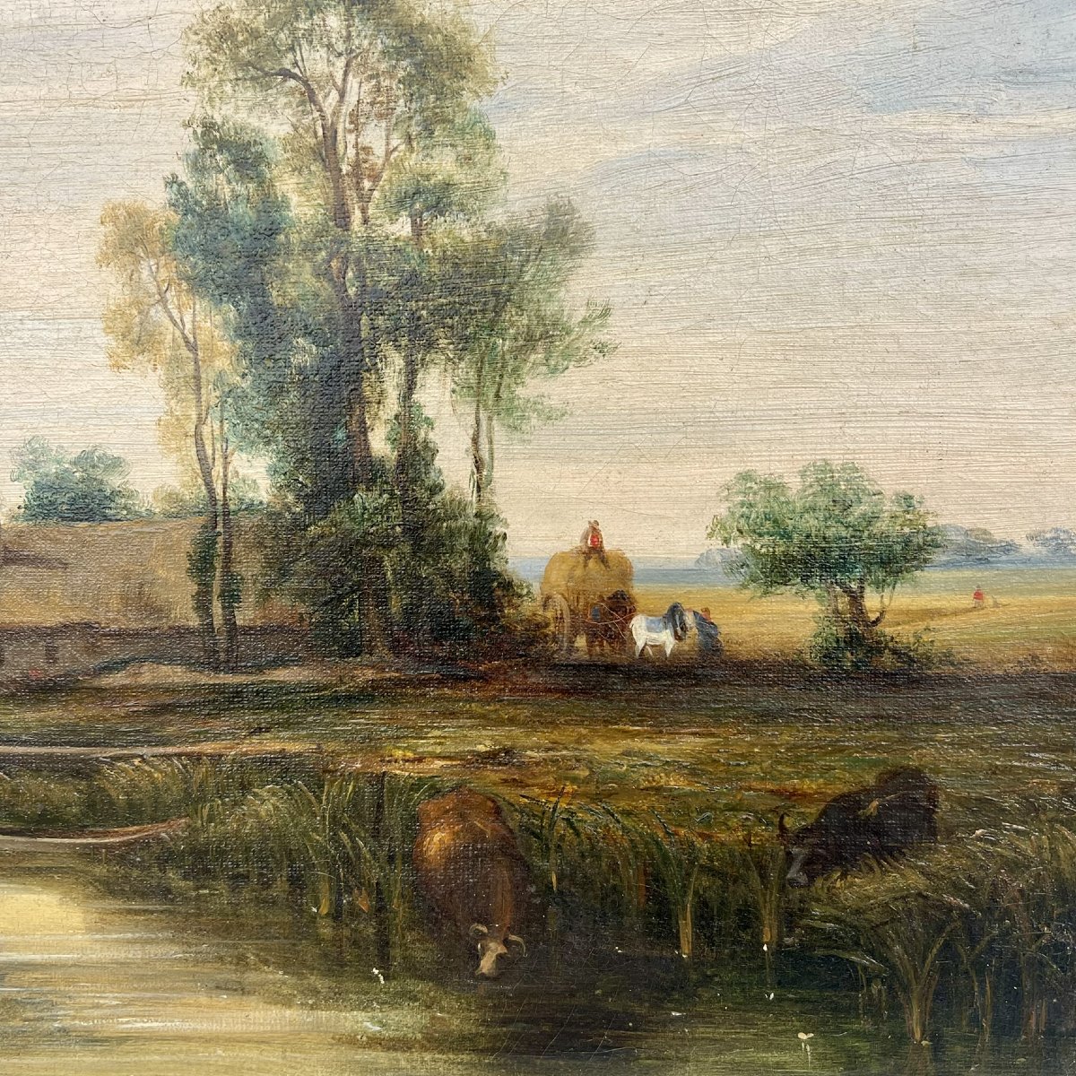 Barbizon School—lively Rural Landscape By The Pond—oil On Canvas—19th Century-photo-4