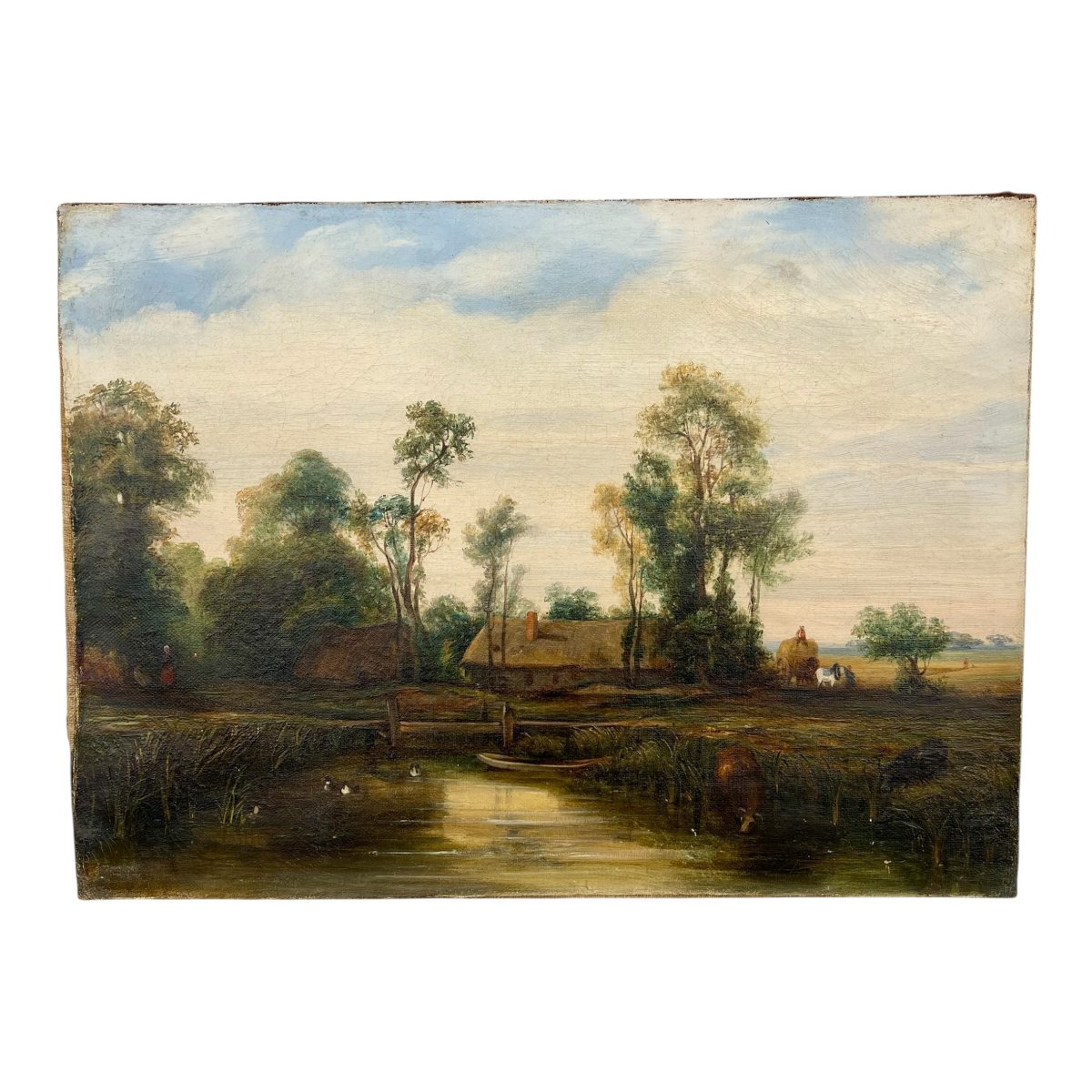 Barbizon School—lively Rural Landscape By The Pond—oil On Canvas—19th Century