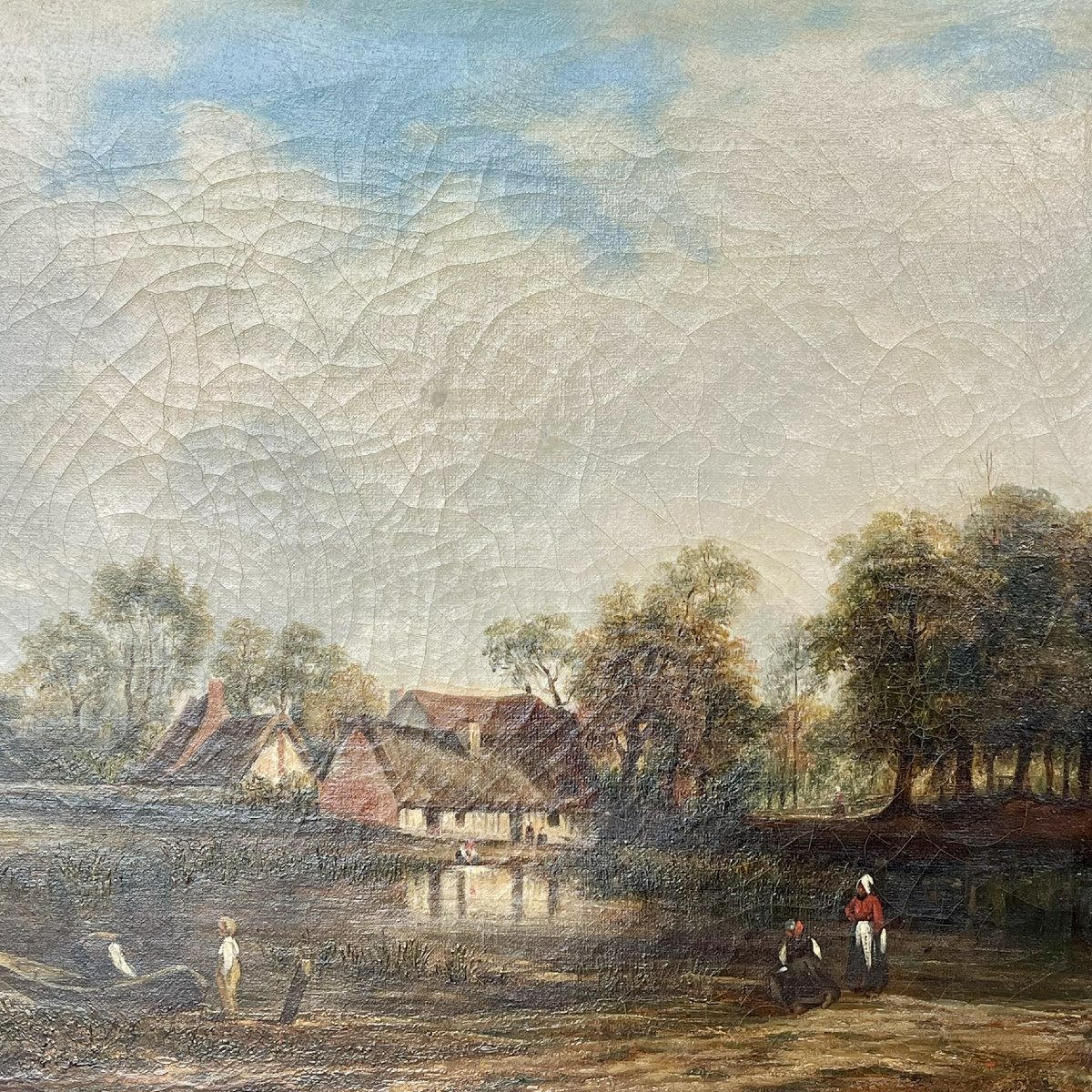 Ecole de Barbizon - Paysage d'un hameau animé près d'un étang -huile sur toile - XIXème siècle-photo-2