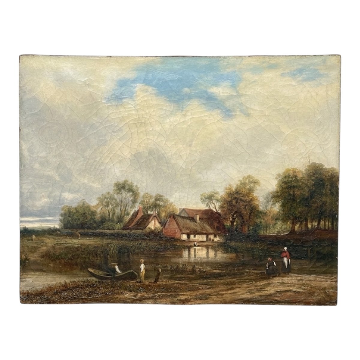 Ecole de Barbizon - Paysage d'un hameau animé près d'un étang -huile sur toile - XIXème siècle
