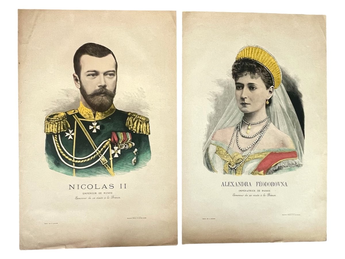 Nicolas II et Alexandra Feodorovna - Paire de chromolithographies 1896 - visite en France