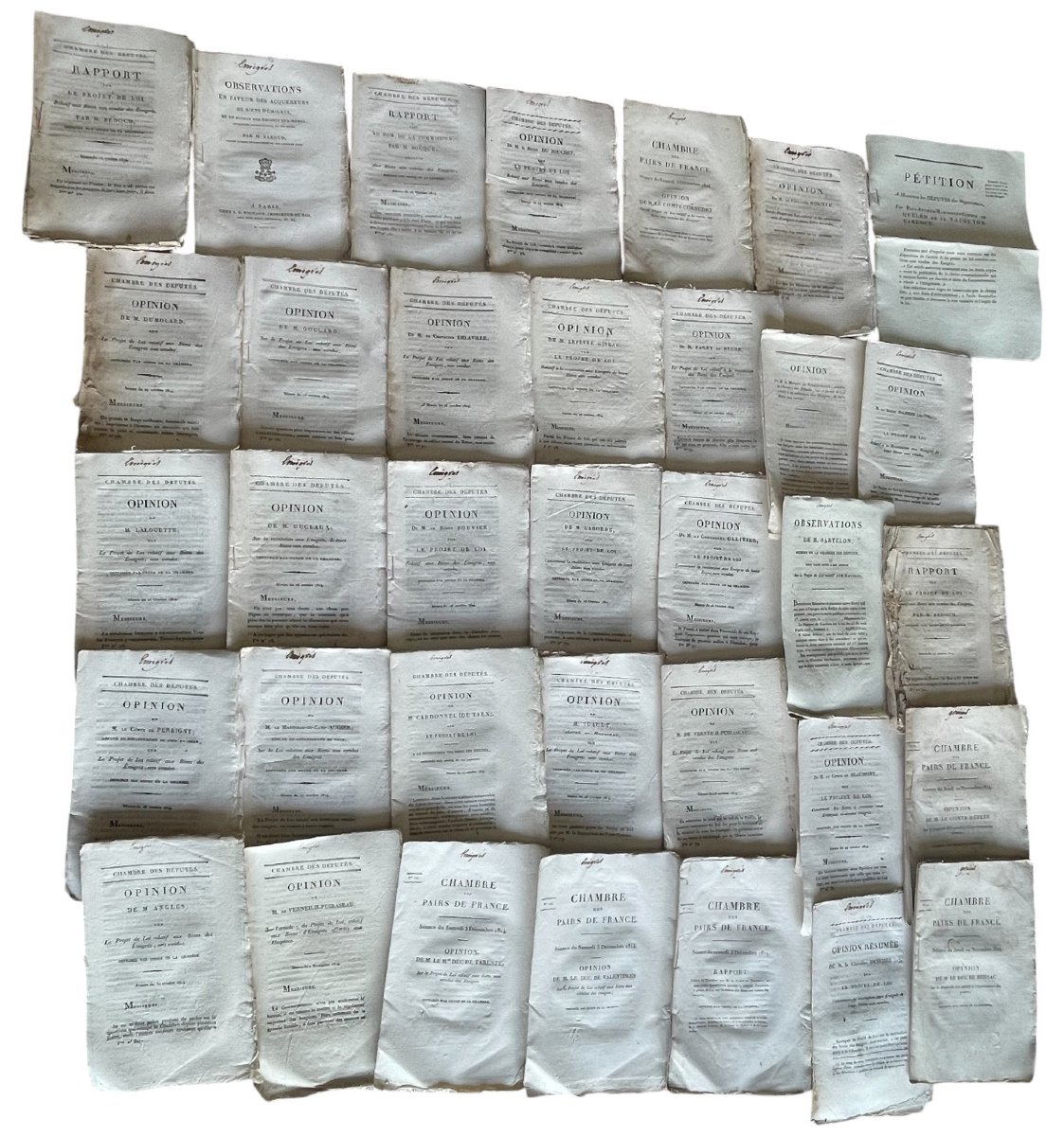 Restauration 1814- Ensemble de 34 brochures parlementaires sur les biens émigrés