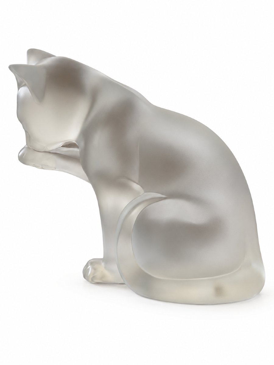 Lalique France - Cat Grooming Itself - Satin-finish Crystal - Created In 2002-photo-2