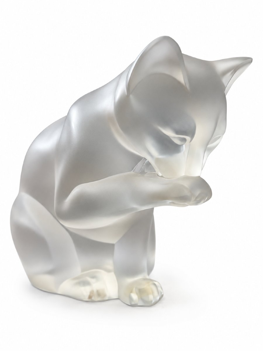Lalique France - Cat Grooming Itself - Satin-finish Crystal - Created In 2002-photo-3