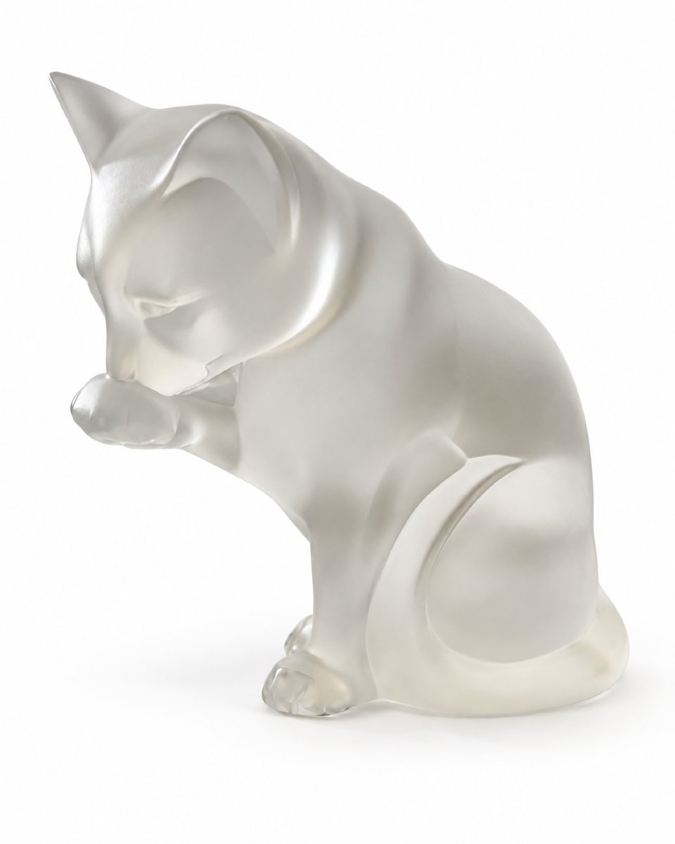 Lalique France - Cat Grooming Itself - Satin-finish Crystal - Created In 2002