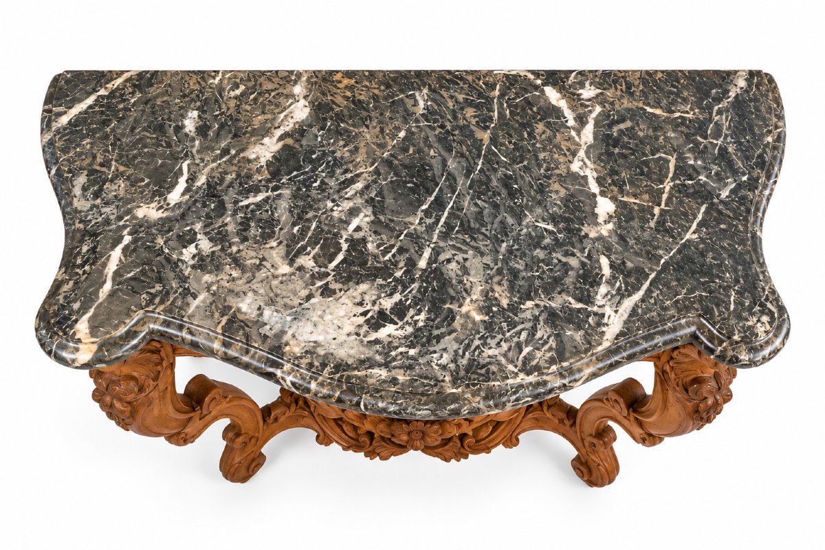 19th-century Louis XV-style Wall Console In Carved Wood—18th-century Marble-photo-1